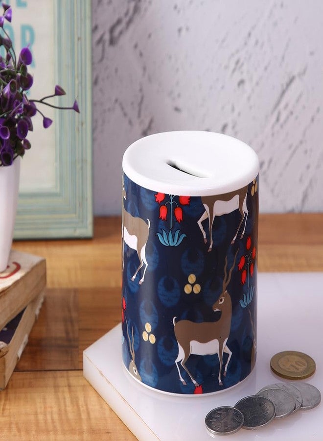 PentaDeco Dark Blue Floral Ceramic Money Box | 4-Inch Aesthetic Piggy Bank | Premium Home Decor Coin Bank for Kids & Adults - Image 3
